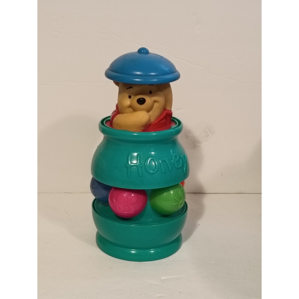 Vintage Disney Winnie the Pooh Honey Pot Rattle Toy Teal Blue Multi Color